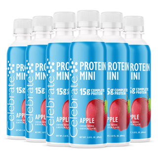 Multiple bottles of Celebrate Protein Mini Apple flavor on a white background