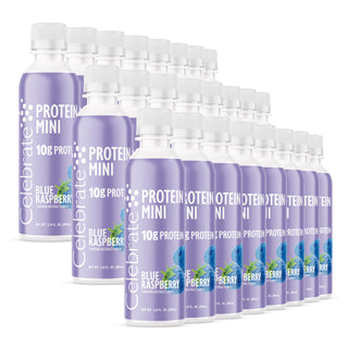 Multiple bottles of Celebrate Protein Mini in Blue Raspberry flavor on a white background